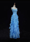 Blue Spaghetti Straps Sheath Chiffon Beaded Long Prom Dresses Sweet Birthday Evening Gowns HZ1024