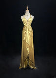 Yellow Halter Sheath Satin Long Prom Dresses Vintage Formal Evening Gowns HZ1024