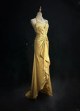 Yellow Halter Sheath Satin Long Prom Dresses Vintage Formal Evening Gowns HZ1024