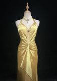 Yellow Halter Sheath Satin Long Prom Dresses Vintage Formal Evening Gowns HZ1024