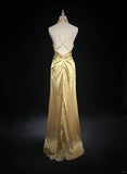 Yellow Halter Sheath Satin Long Prom Dresses Vintage Formal Evening Gowns HZ1024