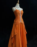 Orange Spaghetti Straps A-Line Satin Long Prom Dresses Formal Evening Gowns with Pleats HZ1024