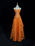 Orange Spaghetti Straps A-Line Satin Long Prom Dresses Formal Evening Gowns with Pleats HZ1024