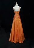 Orange Spaghetti Straps A-Line Satin Long Prom Dresses Formal Evening Gowns with Pleats HZ1024