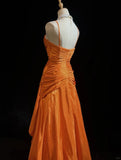 Orange Spaghetti Straps A-Line Satin Long Prom Dresses Formal Evening Gowns with Pleats HZ1024