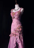 Mauve Square Neck Mermaid Chiffon Applique Long Prom Dresses Vintage Formal Evening Gowns HZ1024