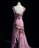 Mauve Square Neck Mermaid Chiffon Applique Long Prom Dresses Vintage Formal Evening Gowns HZ1024