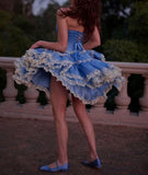 Blue Strapless A-Line Satin Lace Short Prom Dress Homecoming Dress HZ1024