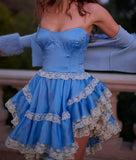 Blue Strapless A-Line Satin Lace Short Prom Dress Homecoming Dress HZ1024