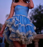 Blue Strapless A-Line Satin Lace Short Prom Dress Homecoming Dress HZ1024