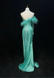 Blue Satin Asymmetric Neck Mermaid Satin Long Prom Dress Formal Evening Gowns with Slits HZ1024