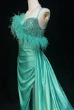 Blue Satin Asymmetric Neck Mermaid Satin Long Prom Dress Formal Evening Gowns with Slits HZ1024
