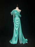 Blue Satin Asymmetric Neck Mermaid Satin Long Prom Dress Formal Evening Gowns with Slits HZ1024