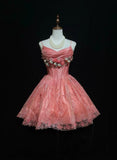 Hot Pink Spaghetti Strap A-Line Tulle Satin Short Prom Dress Homecoming Dress with Beading HZ1024