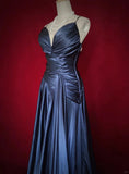 Navy Blue Spaghetti Straps A-Line Satin Long Prom Dress Formal Evening Gowns with Pleats HZ1024