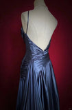 Navy Blue Spaghetti Straps A-Line Satin Long Prom Dress Formal Evening Gowns with Pleats HZ1024