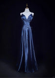 Navy Blue Spaghetti Straps A-Line Satin Long Prom Dress Formal Evening Gowns with Pleats HZ1024