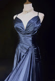Navy Blue Spaghetti Straps A-Line Satin Long Prom Dress Formal Evening Gowns with Pleats HZ1024