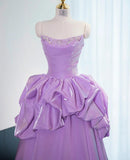 Strapless Purple A-Line Satin Long Prom Dress Formal Evening Gowns HZ1024
