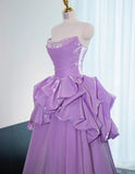 Strapless Purple A-Line Satin Long Prom Dress Formal Evening Gowns HZ1024