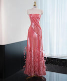 Hot Pink Strapless A-Line Shiny Satin Long Prom Dress Formal Evening Gowns HZ1024