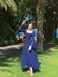Retro Blue Square Neck Puff Sleeve Chiffon Long Dress HZ1024