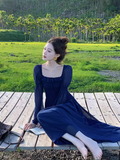 Retro Blue Square Neck Puff Sleeve Chiffon Long Dress HZ1024