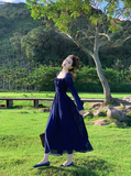Retro Blue Square Neck Puff Sleeve Chiffon Long Dress HZ1024