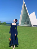 Retro Blue Square Neck Puff Sleeve Chiffon Long Dress HZ1024