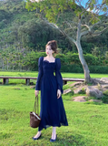 Retro Blue Square Neck Puff Sleeve Chiffon Long Dress HZ1024