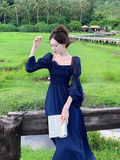 Retro Blue Square Neck Puff Sleeve Chiffon Long Dress HZ1024