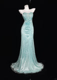Tiffany Blue Strapless Mermaid Satin Beaded Long Prom Dress Formal Evening Gowns HZ1024