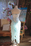 Light Blue Spaghetti Straps Sheath Printed Chiffon Prom Dress Sweet Evening Gowns with Ruffles HZ1024