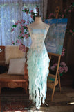 Light Blue Spaghetti Straps Sheath Printed Chiffon Prom Dress Sweet Evening Gowns with Ruffles HZ1024