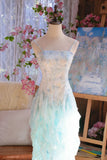 Light Blue Spaghetti Straps Sheath Printed Chiffon Prom Dress Sweet Evening Gowns with Ruffles HZ1024