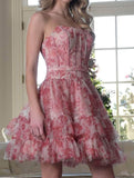 Blue Strapless A-Line Printed Tulle Short Prom Dresses Homecoming Dress HZ1024