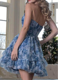 Blue Strapless A-Line Printed Tulle Short Prom Dresses Homecoming Dress HZ1024