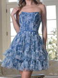 Blue Strapless A-Line Printed Tulle Short Prom Dresses Homecoming Dress HZ1024