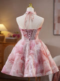 Pink Strapless A-Line Sequined Tulle Short Prom Dresses Homecoming Dress HZ1024