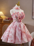 Pink Strapless A-Line Sequined Tulle Short Prom Dresses Homecoming Dress HZ1024