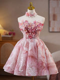Pink Strapless A-Line Sequined Tulle Short Prom Dresses Homecoming Dress HZ1024