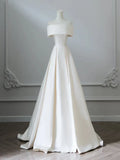 Off Shoulder Satin Light Champagne Long Prom Dress, Light Champagne Evening Dress HZ1024