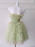 Green Strapless A-Line Tulle Lace Short Prom Dresses Homecoming Dress HZ1024