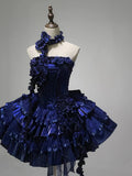 Deep Royal Blue Strapless A-Line Lolita Prom Dresses Homecoming Dress HZ1024