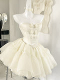 Off-White Strapless A-Line Tulle Short Prom Dresses Homecoming Dress HZ1024