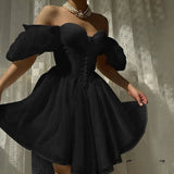 White Off Shoulder A-Line Tulle Short Prom Dresses Homecoming Dress HZ1024