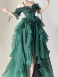 Forest Green Halter Neck A-Line Tulle Hi-Lo Long Prom Dresses Formal Evening Gowns HZ1024