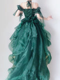 Forest Green Halter Neck A-Line Tulle Hi-Lo Long Prom Dresses Formal Evening Gowns HZ1024