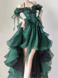 Forest Green Halter Neck A-Line Tulle Hi-Lo Long Prom Dresses Formal Evening Gowns HZ1024