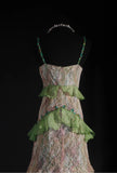 Green Spaghetti Straps Mermaid Beaded Tulle Long Prom Dresses Vintage Lace Evening Gowns HZ1024